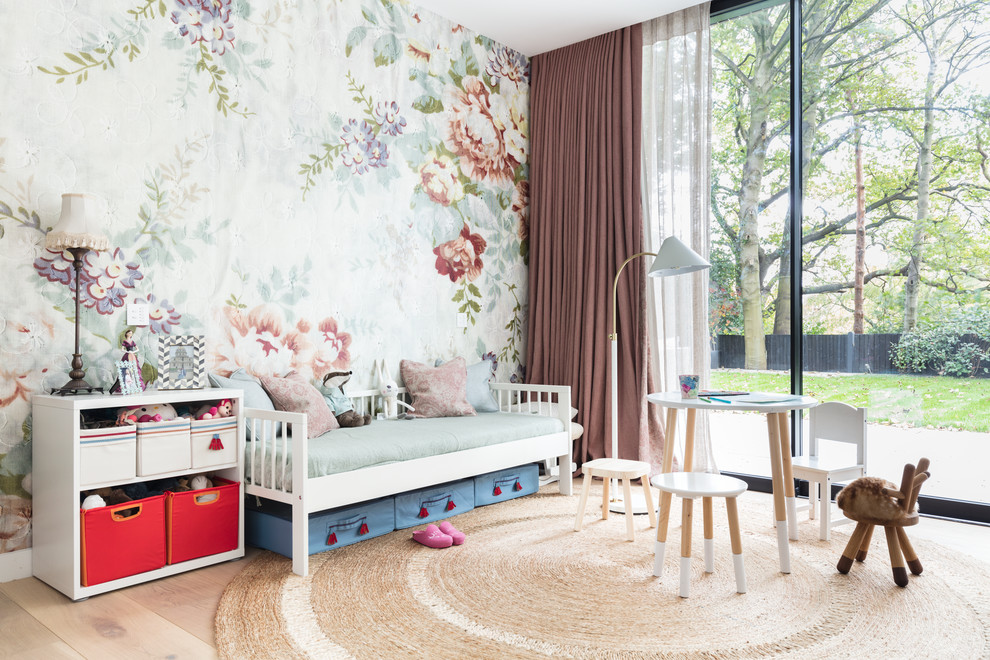 Scandinavian Girls Bedroom With Floral Wallpaper Dwellingdecor