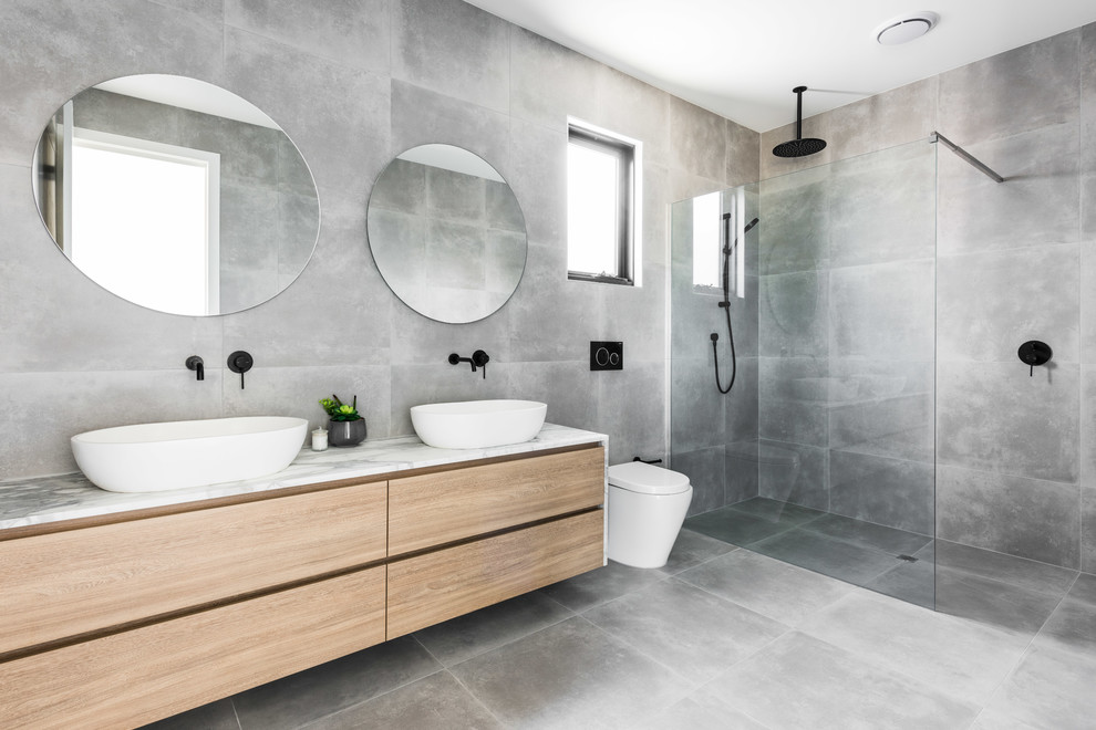 Mid-sized Modern Gray Floor Walk-in Shower Dwellingdecor