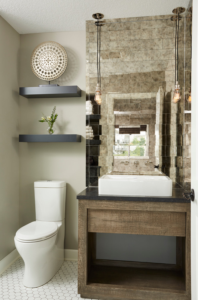 Small Transitional Bathroom With Pendant Lights