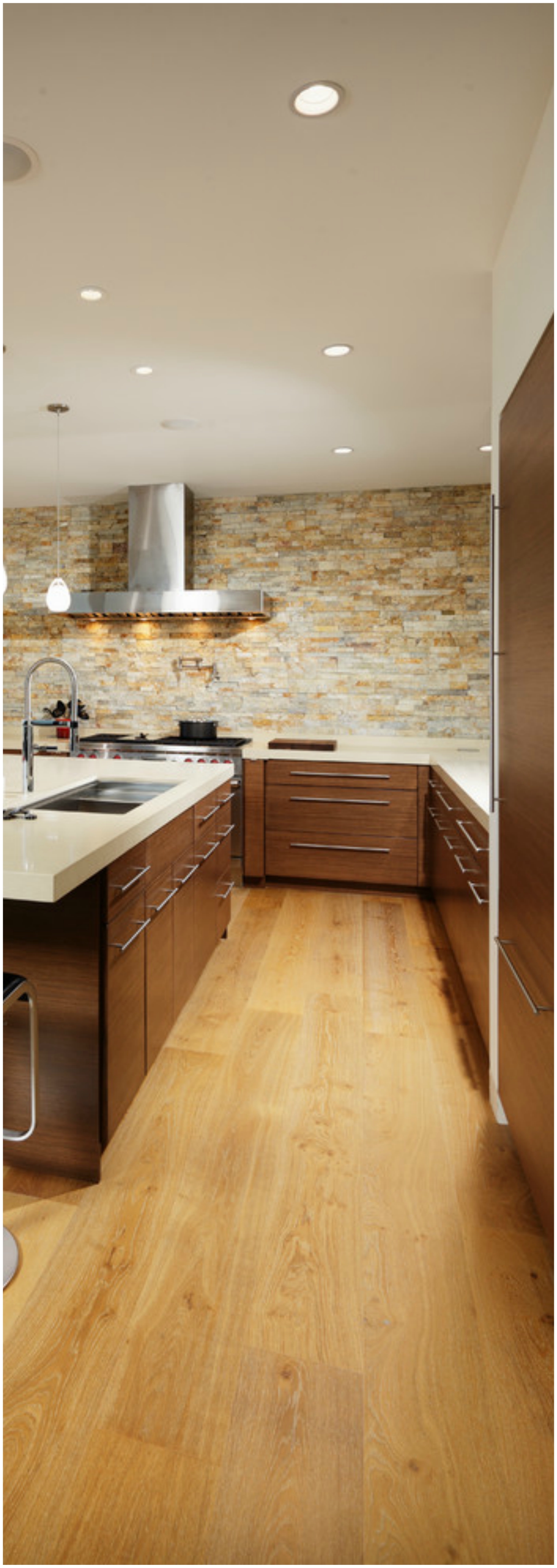 U-shaped Light Wood Floor Kitchen With Dark Wood Cabinets