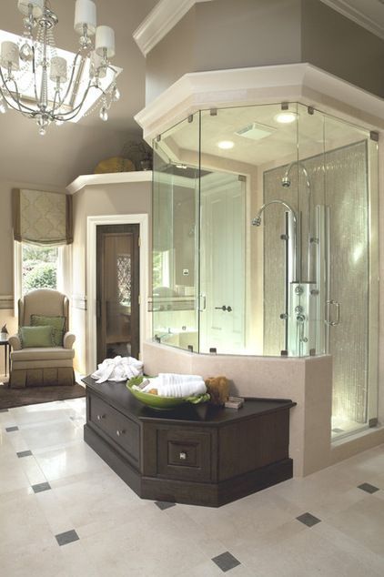 Frameless glass shower enclosure in master bath
