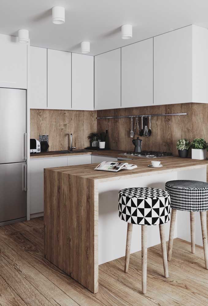 01. Small planned American kitchen with wooden counter and modern patterned stools