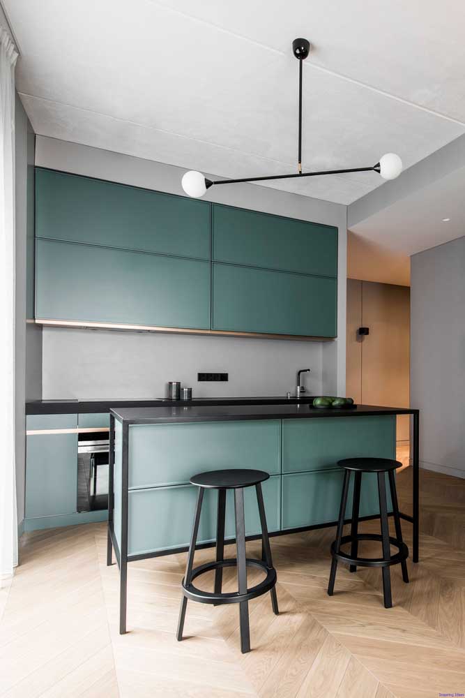 31. Modern small kitchen with custom cabinets in a very ori nal shade of green.