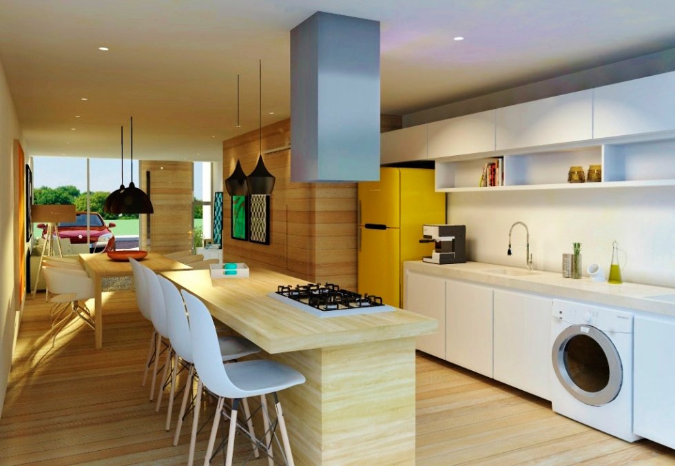 41. Kitchen with wooden island, cooktop and hood.