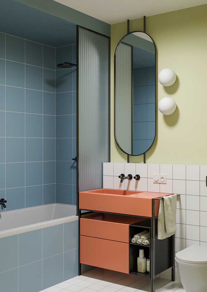 48. Soft colors for the retro-inspired bathroom.