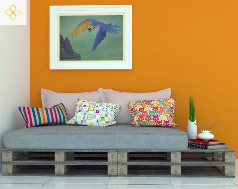 49. For a simple pallet sofa, choose colorful cushions and upholstery