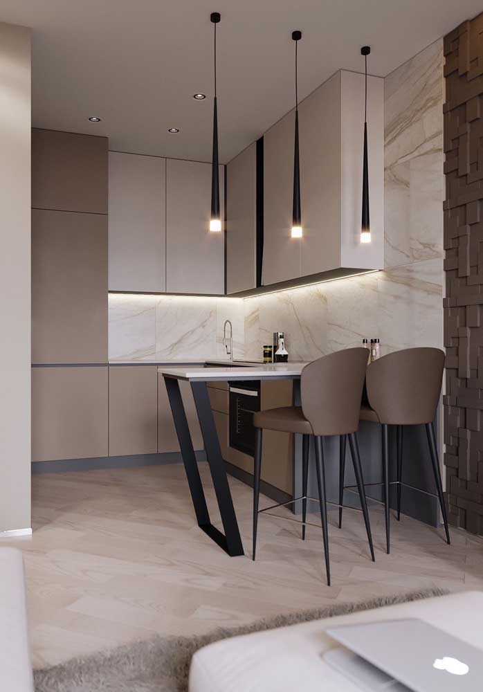 50. Small kitchen with custom cabinetry and modern pendants.