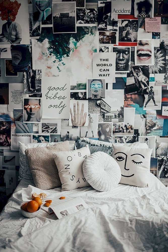 02. If you prefer, you can fill the bedroom wall with several photos and clippings of images that you like.