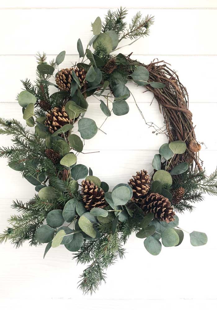 Rustic Wreath With Dry Branches, Pine Cones, and Green Leaves