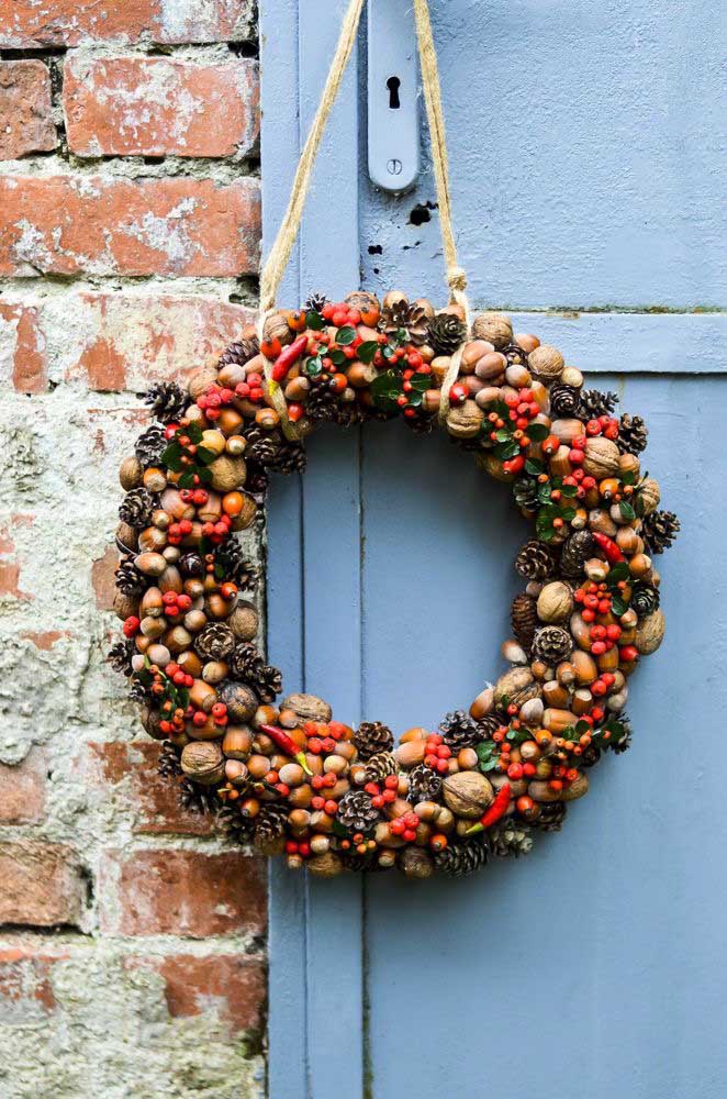 Rustic Wreath With Nuts, Pine Cones, and Peppers