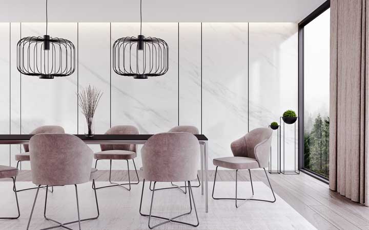 48. Modern dining room with white marble wall.