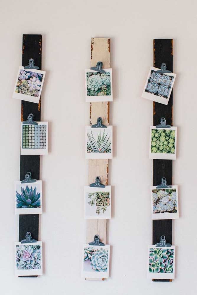 12. Want to get your hands dirty and make the photo panel yourself? To do this, take some pieces of wood of the same size and shape, nail something to hold the photos and organize it your way.