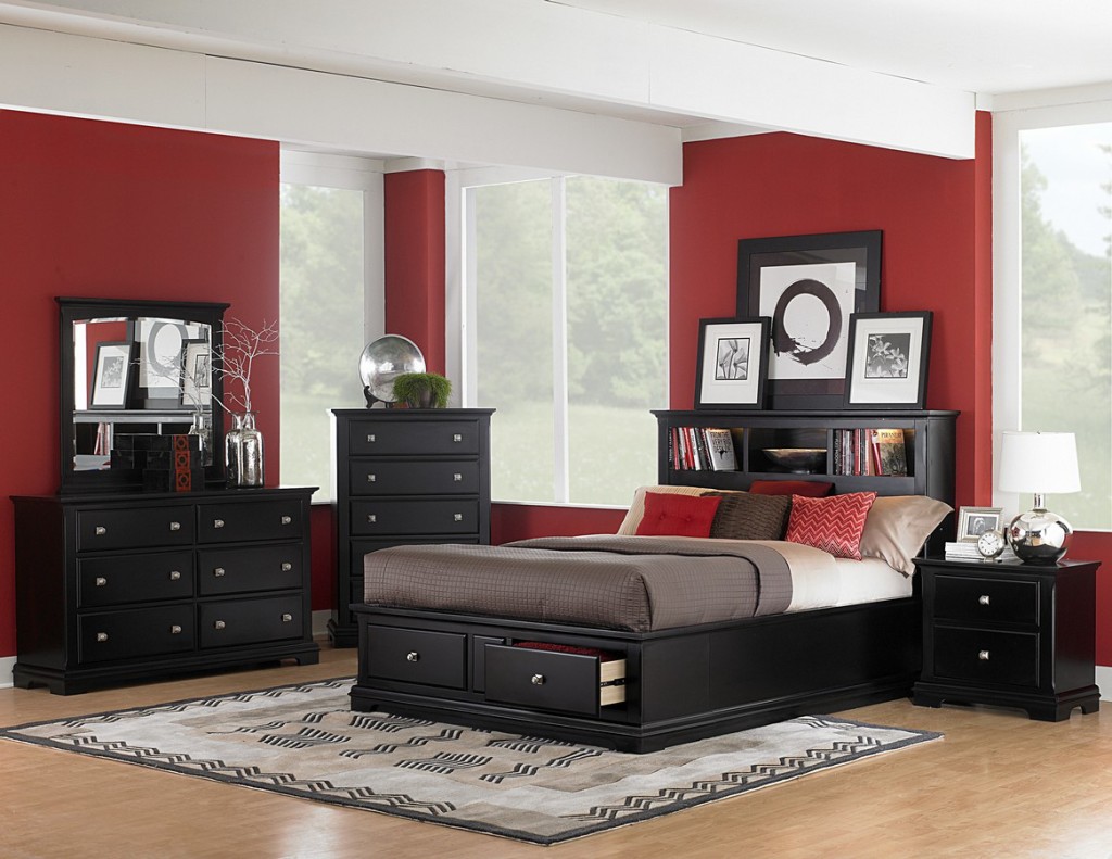 black furniture in a bedroom